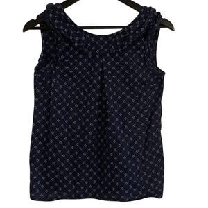 TOMMY HILFIGER Blouse Womens Sleeveless Navy Blue Dotted Ruffle Top Size XS